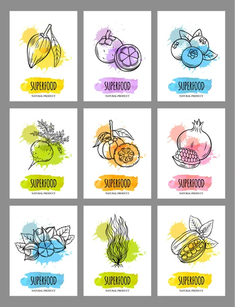 Gesunde Detox Naturprodukt Plakatvorlage Vector Illustration Superfood Banner Aquarell Splash — Stockvektor