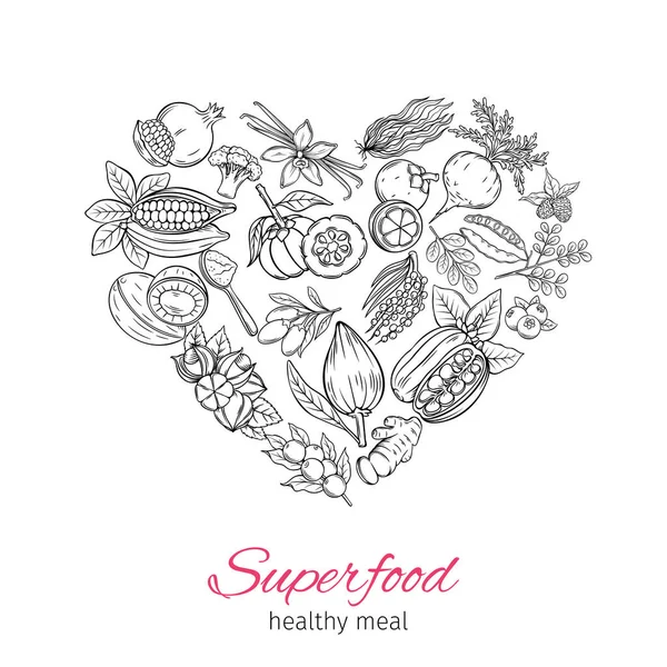 Vector Hand Drawnn Superfood Form Heart Poster Healthy Detox Camu — Stock Vector