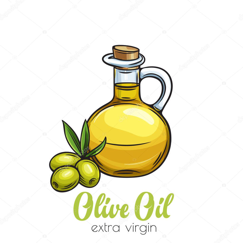 Vector glass bottle jug of olive oil and olives with leaves. Illustration in retro sketch style.