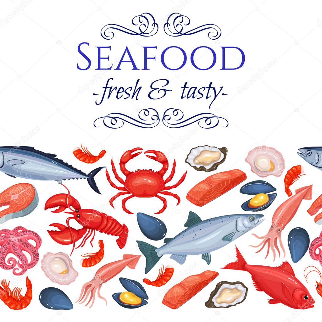 Seamless border seafood products page design with mussel, fish salmon, shrimp. Lobster, squid, octopus, scallop, lobster, craps, mollusk, oyster, alfonsino and tuna for product market.