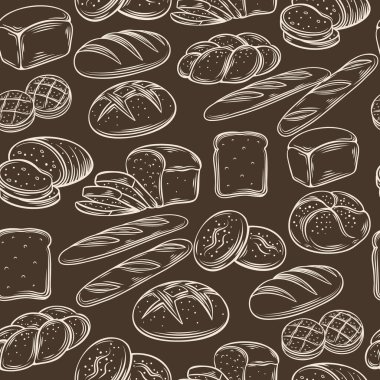 Kusursuz el çizimi ekmek deseni. Ekmekle dekoratif vektör çizimi. Ekmek kahverengi desenli eski tip mürekkep.