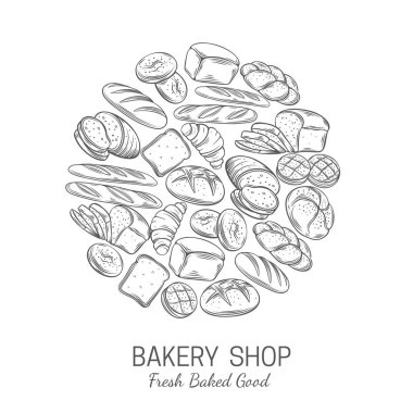 Fırın, ekmek dükkanı afiş şablonu. Fırın ürünleri bütün ekmek, Fransız ekmeği, kahvaltı ve yemek tasarımı için kruvasan.