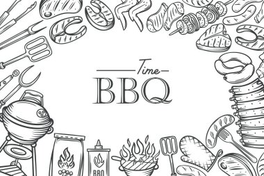 El yapımı et, tavuk, balık, sosis ve aletlerle barbekü afişi partisi. Vektör el çizimi çizimi çizimi.