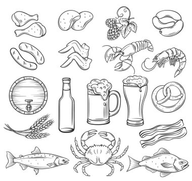 Vektör el bira ve abur cubur ikonları hazır. Bar pazarı etiketi için dekoratif retro tarzı koleksiyonu.