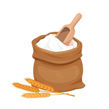 Bir torba un, kürek ve buğday. Vektör illüstrasyonu.