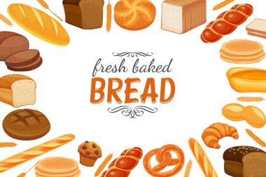 Ekmek ürünleriyle birlikte poster şablonu. Çavdar ekmeği ve kraker, kek, pide, ciabatta ve kruvasan, buğday ve tam tahıllı ekmek, simit, tost ekmeği, tasarım menüsü için Fransız ekmeği..