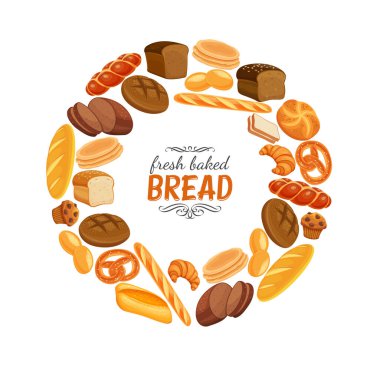 Vektör illüstrasyon ürünleri çerçeve posteri. Çavdar ekmeği ve kraker, kek, ciabatta ve kruvasan, buğday ve tam tahıllı ekmek, simit, tost ekmeği, tasarım menüsü için Fransız ekmeği..