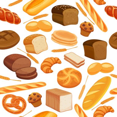 Vektörsüz desenli ekmek ürünü. Çavdar ekmeği ve kraker, kek, pide, ciabatta ve kruvasan, buğday ve tam tahıllı ekmek, simit, tost ekmeği, tasarım menüsü için Fransız ekmeği..