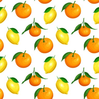 Portakal, limon ve mandalinalı kusursuz desen. Çizgi film tarzında çizim meyveleri.