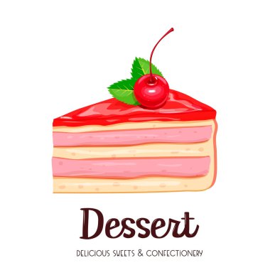 Vektör kek ikonu. Bir parça yoğurtlu tatlı, kirazlı şekerleme..