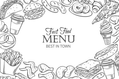 Fast food şablon çerçevesi ve menü tasarımı için sayfa tasarımı. Atıştırmalık, hamburger, patates kızartması, sosisli, taco, kahve, sandviç, dondurma ve eski usul..