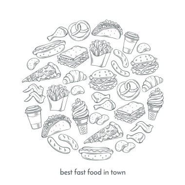 Cafe menüsü tasarımı için el yapımı fast food ile poster yuvarlak kompozisyonu. Vektör vintage çizimi