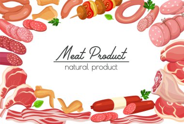 Gastronomik et ürünleriyle birlikte poster şablonu. Dekoratif vektör tasarım için izole edilmiş et üretimi, broşürler, afişler, restoran menüsü ve pazar