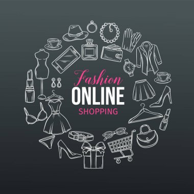 Vektör el çizimi çevrimiçi moda alışveriş ikonları, semboller ve rozetler. Siyah dizayn şablonu üzerine beyaz. E-ticaret için poster yuvarlak kompozisyonu.