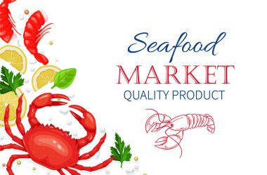 Vektör deniz ürünleri. Yengeç ve karides, aromatik otlar ve limon. Sağlıklı yemek pişirme konsepti.