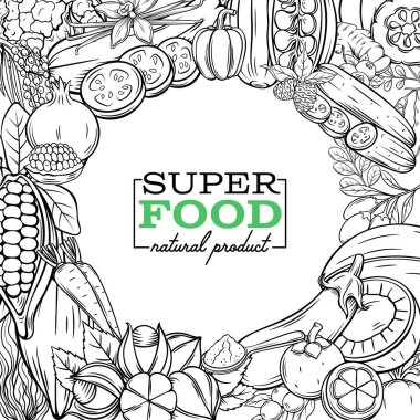 El çizimi süper yiyecek meyveleri ve detoks ürün tasarımı için beriler içeren poster şablonu tasarımı. Vektör vintage çizimi.