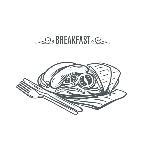 Sausage Salad Hand Draw Monochrome Icon Breakfast Vector Illustration Linear — Stock Vector