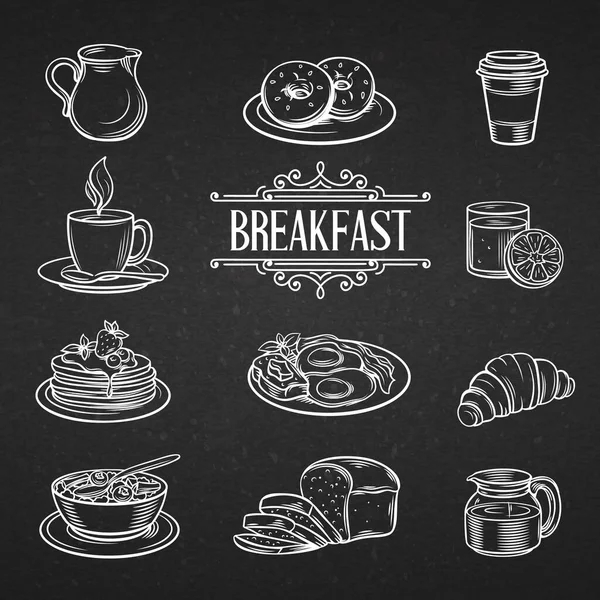 Dekorative Handgezeichnete Symbole Frühstücksspeisen Vintage Vektorillustration Frühstück Stil Von Tafeln — Stockvektor