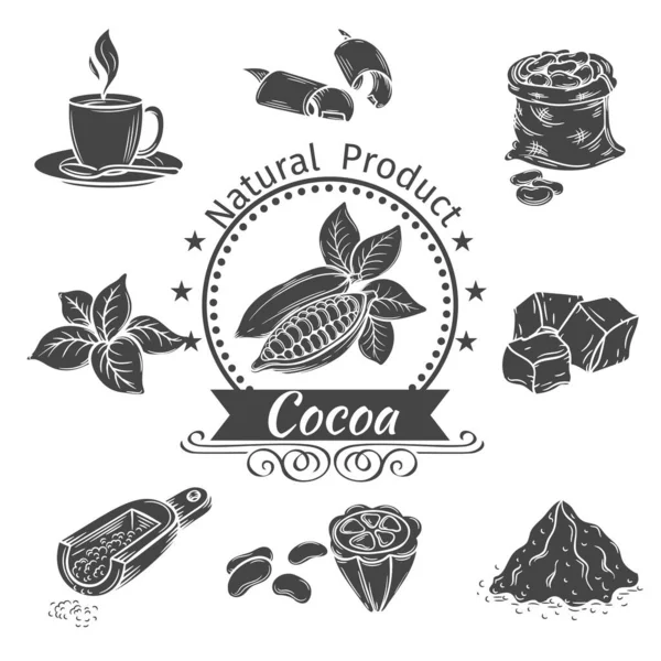 Monochrome Icons Cocoa Decorative Elements Cocoa Flyers Posters Badges Logotypes — Stock Vector