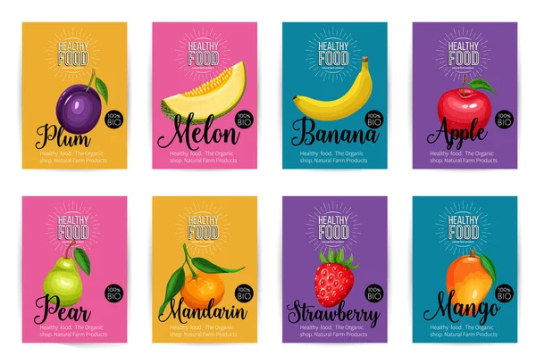 Meloen Mandarijn Mango Aardbei Pruim Banaan Appel Peer Vectorbanners Met — Stockvector