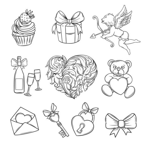 Hand Drawn Valentines Day Icons Cupcake Gift Cupid Champagne Glasses — Stock Vector