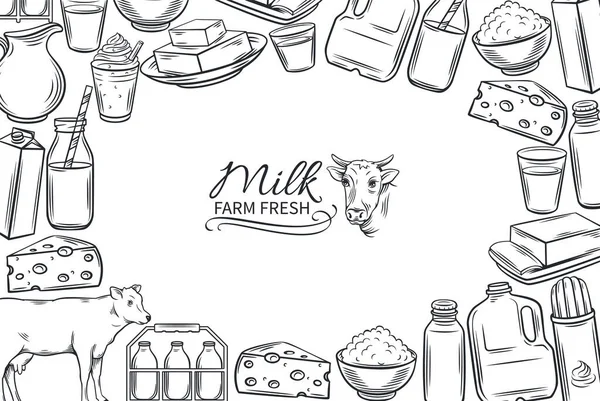 Poster Template Met Met Hand Getekende Melkproducten Voor Boeren Markt — Stockvector