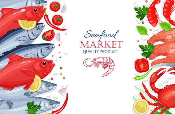 Vector Seafood Tuna Salmon Crab Shrimps Aromatic Herbs Healthy Food — Stock Vector