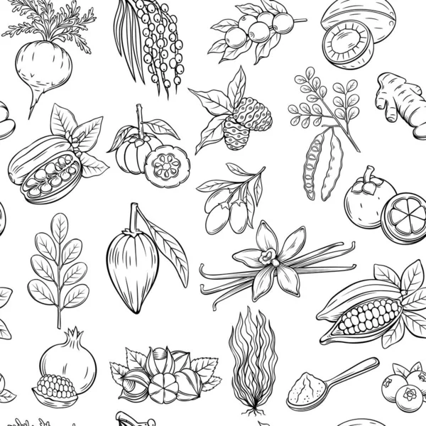 Modello Senza Cuciture Superfood Disegnato Mano Vettoriale Illustrazione Superfood Prodotto — Vettoriale Stock