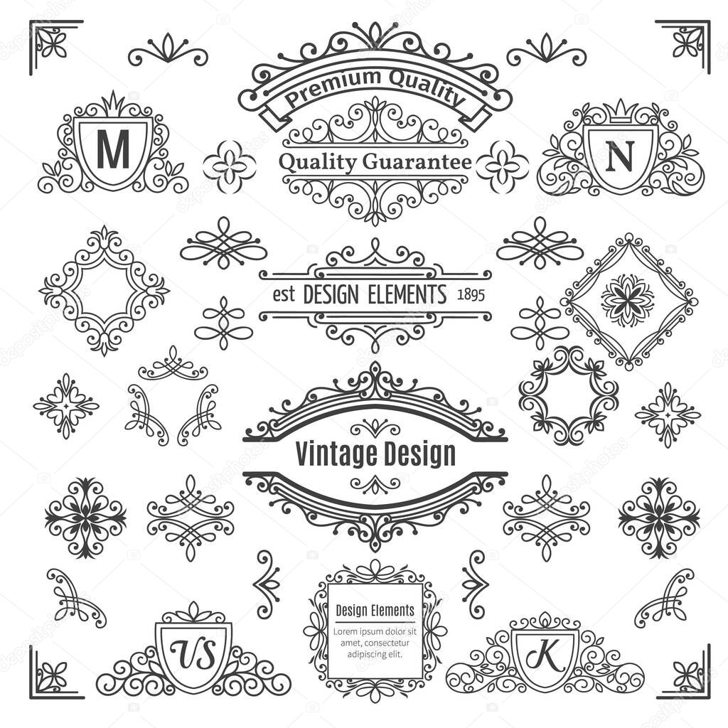 Set of vintage  vector line elements . Calligraphic decorative dividers borders swirls scrolls  monograms and frames.