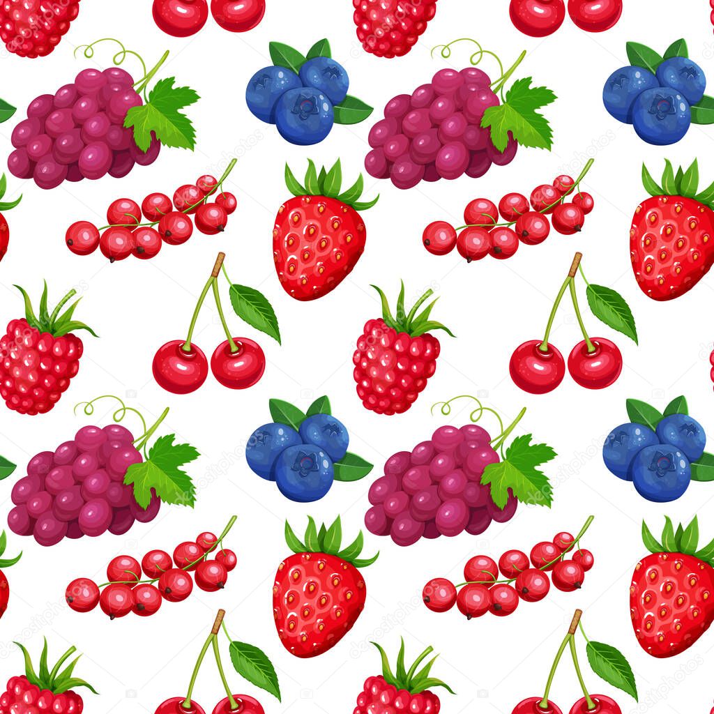 Seamless pattern with berries grapes, currants, blueberries, raspberries and strawberries. Illustration berry in cartoon style.