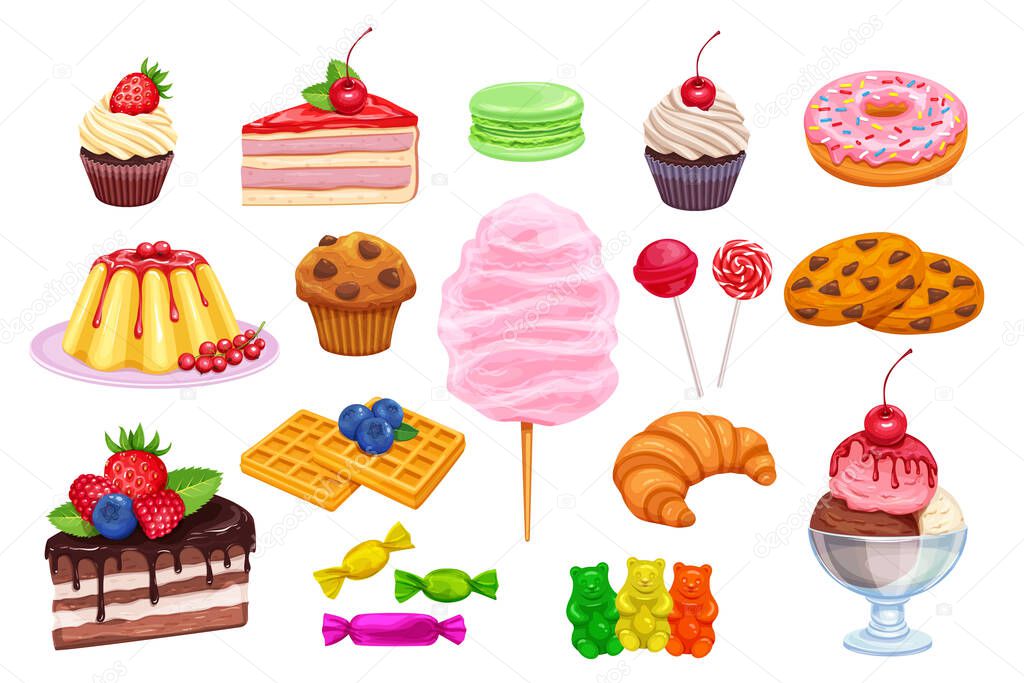 Vector set confectionery and sweets icons. Dessert, lollipop, ice cream with candies, macaron and pudding. Donut and cotton candy, muffin, waffles, biscuits and jelly