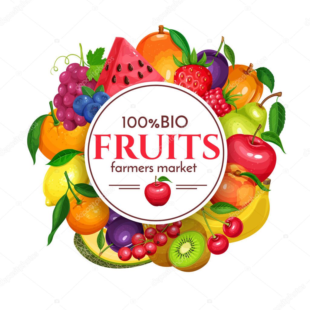 Vector illustration berries and fruits round poster. Raspberries, strawberries, grapes, currants and blueberries. Lemon, peach, apple, pear, orange watermelon avocado and melon