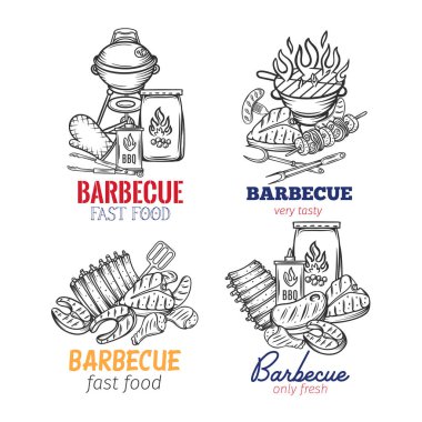 Barbekü afişleri. El yapımı et, tavuk, balık, sosis ve aletlerle barbekü partisi şablonu. Vektör el çizimi çizimi çizimi.