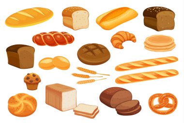 Vektör ekmek simgelerini ayarla. Çavdar ekmeği ve pretzel, kek, pita ekmeği, ciabatta ve buğday ekmeği, kruvasan, tam tahıllı ekmek, simit, tost ekmeği, tasarım menüsü için Fransız ekmeği..