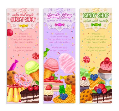 Vektör bayrakları, şekerlemeler ve ikonlar. Donut ve pamuk şeker, kek, waffle, bisküvi ve jöle. Tatlı, lolipop, şekerli dondurma, makarna ve puding..