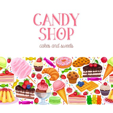 Vektörsüz sınır şekerlemesi ve tatlı ikonları. Donut ve pamuk şeker, kek, waffle, bisküvi ve jöle. Tatlı, lolipop, şekerli dondurma, makarna ve puding..