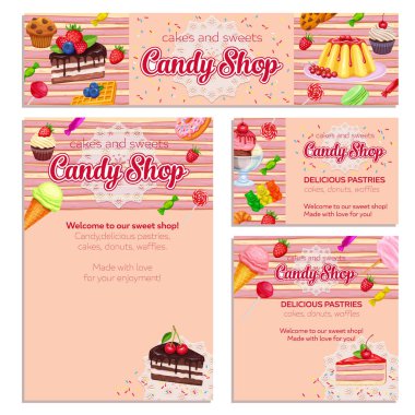 Şekerleme ve tatlı ikonlarıyla kurumsal bir şablon. Tatlı, lolipop, şekerli dondurma, makaron ve puding. Donut ve pamuk şeker, kek, waffle, bisküvi ve jöle..