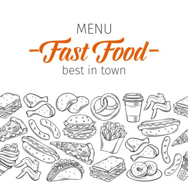 Menü tasarımı için fast food ile kusursuz sınır düzeni. Atıştırmalık, hamburger, patates kızartması, sosisli, taco, kahve, sandviç, dondurma ile çizilmiş vektör el çizimi.