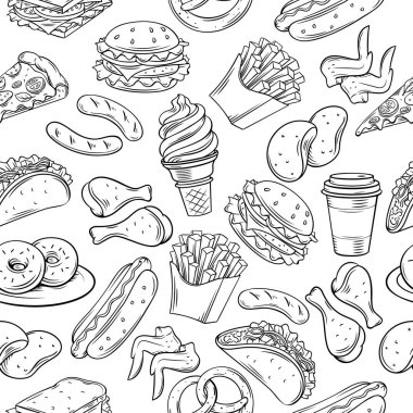 Fast food kusursuz desen. Atıştırmalık, hamburger, patates kızartması, sosisli, taco, kahve, sandviç ve dondurma ile vektör el fonu.