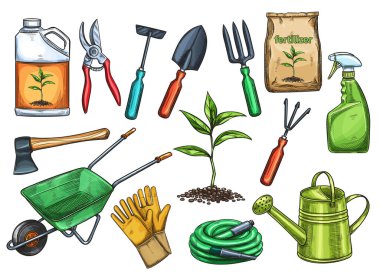 Bahçıvanlık araçları vektör illüstrasyonu skeç tarzında. Balta, fide, bahçe konservesi ve kesici. Gübre, eldiven, böcek ilacı, yaba, el arabası ve sulama hortumu..