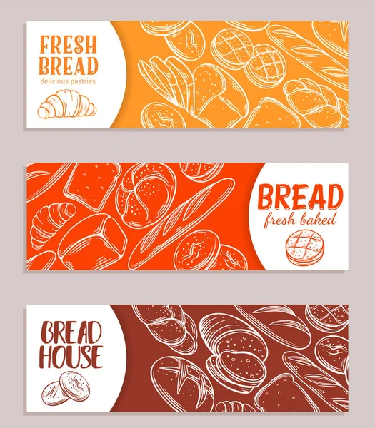 Банери Харчових Шаблонів Хлібним Продуктом Ручний Ескіз Житнього Пшеничного Хліба — стоковий вектор