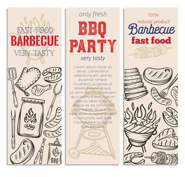 Grillbanner Grillparty Vorlage Mit Handgezogenem Fleisch Huhn Fisch Wurst Und — Stockvektor