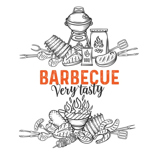 Barbecue Banners Bbq Party Template Hand Drawn Meat Chicken Fish — Stock Vector