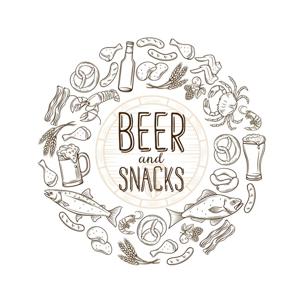 Pub Food Beer Hand Drawn Banner Frame Design Cartaz Álcool — Vetor de Stock