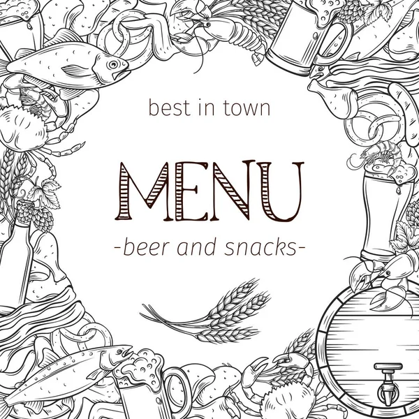 Pub Τροφίμων Και Μπύρας Χέρι Σχεδιασμένο Πλαίσιο Προτύπου Και Σχεδιασμό — Διανυσματικό Αρχείο