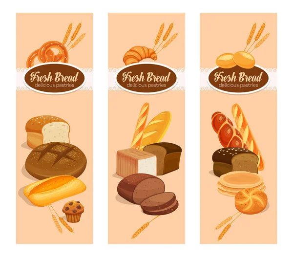 Vector Banners Bread Products Rye Bread Pretzel Muffin Pita Ciabatta — Stock Vector