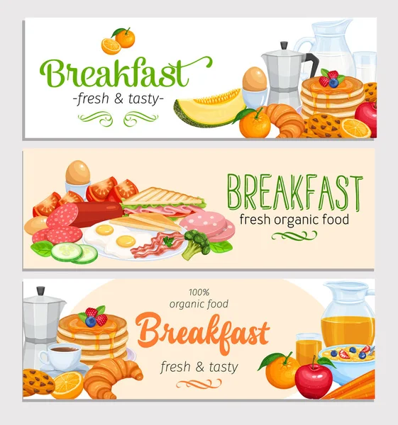 Ontbijt Banners Sjabloon Food Design Vector Kan Melk Koffiepot Kopje — Stockvector