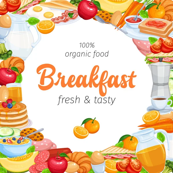 Frühstück Poster Food Design Vector Milchkrug Kaffeekanne Tasse Obst Und — Stockvektor