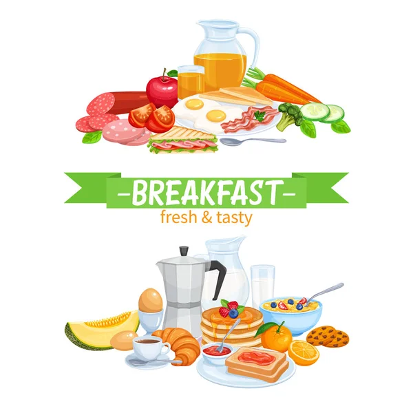 Πρωινό Πανό Πρότυπο Σχεδιασμό Τροφίμων Διάνυσμα Γάλα Καφετιέρα Κούπα Φρούτα — Διανυσματικό Αρχείο