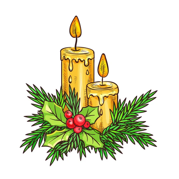 圣诞蜡烛与杉树枝条和冬青 素描式矢量图解 — 图库矢量图片